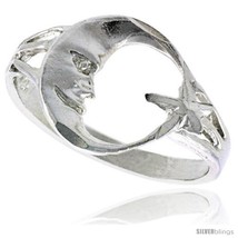 Size 6.5 - Sterling Silver Moon &amp; Star Ring Polished finish 1/2 in  - £16.33 GBP