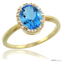 Size 7 - 14k Yellow Gold Blue Topaz Diamond Halo Ring 1.17 Carat 8X6 mm Oval  - £362.24 GBP