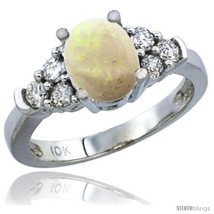 Size 8 - 10K White Gold Natural Opal Ring Oval 9x7 Stone Diamond  - £642.02 GBP
