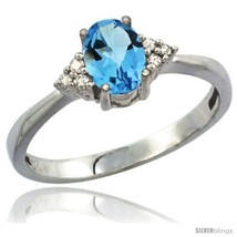 Size 5.5 - 10K White Gold Natural Swiss Blue Topaz Ring Oval 7x5 Stone Diamond  - £247.03 GBP