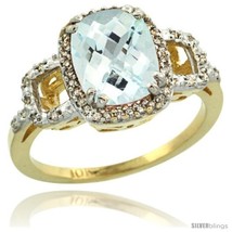 Size 9 - 10k Yellow Gold Diamond Aquamarine Ring 2 ct Checkerboard Cut Cushion  - £538.42 GBP