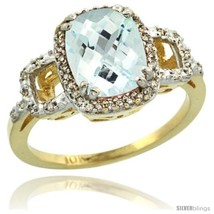 Size 8 - 10k Yellow Gold Diamond Aquamarine Ring 2 ct Checkerboard Cut Cushion  - £538.42 GBP
