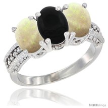 Size 8 - 14K White Gold Natural Black Onyx &amp; Opal Sides Ring 3-Stone 7x5 mm  - £562.45 GBP