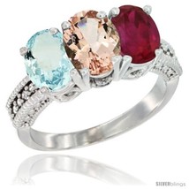 Size 7 - 14K White Gold Natural Aquamarine, Morganite &amp; Ruby Ring 3-Stone Oval  - £607.71 GBP