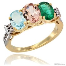 Size 7 - 10K Yellow Gold Natural Aquamarine, Morganite &amp; Emerald Ring 3-Stone  - £501.38 GBP