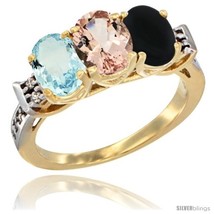 Size 6.5 - 10K Yellow Gold Natural Aquamarine, Morganite &amp; Black Onyx Ring  - £494.36 GBP