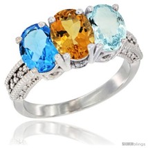 Size 8 - 14K White Gold Natural Swiss Blue Topaz, Citrine &amp; Aquamarine Ring  - £604.72 GBP