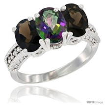 Size 9 - 14K White Gold Natural Mystic Topaz &amp; Smoky Topaz Ring 3-Stone 7x5 mm  - £579.59 GBP