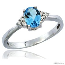 Size 5 - 10K White Gold Natural Swiss Blue Topaz Ring Oval 6x4 Stone Diamond  - £189.99 GBP