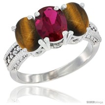 Size 8.5 - 10K White Gold Natural Ruby &amp; Tiger Eye Ring 3-Stone Oval 7x5 mm  - £432.03 GBP