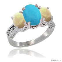 Size 8 - 14K White Gold Ladies 3-Stone Oval Natural Turquoise Ring with Opal  - £650.91 GBP