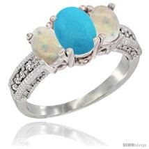 Size 10 - 14k White Gold Ladies Oval Natural Turquoise 3-Stone Ring with Opal  - £579.10 GBP
