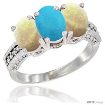 Size 9 - 14K White Gold Natural Turquoise &amp; Opal Sides Ring 3-Stone 7x5 mm Oval  - £589.66 GBP