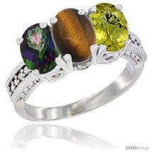 Size 5 - 10K White Gold Natural Mystic Topaz, Tiger Eye &amp; Lemon Quartz Ring  - £404.40 GBP