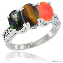 Size 5.5 - 10K White Gold Natural Mystic Topaz, Tiger Eye &amp; Coral Ring 3-Stone  - £428.89 GBP