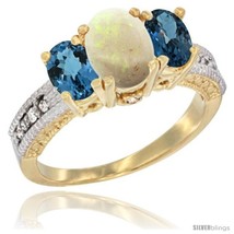 Size 5 - 10K Yellow Gold Ladies Oval Natural Opal 3-Stone Ring with London Blue  - £434.36 GBP