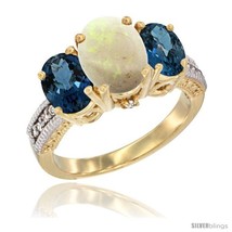 Size 6.5 - 10K Yellow Gold Ladies 3-Stone Oval Natural Opal Ring with London  - £505.16 GBP