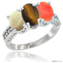 Size 8.5 - 10K White Gold Natural Opal, Tiger Eye &amp; Coral Ring 3-Stone Oval 7x5  - £428.07 GBP