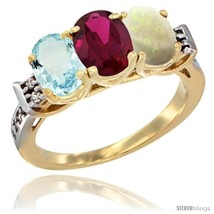 Size 8.5 - 10K Yellow Gold Natural Aquamarine, Ruby &amp; Opal Ring 3-Stone Oval  - £456.50 GBP