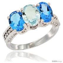 Size 9 - 14K White Gold Natural Aquamarine &amp; Swiss Blue Topaz Sides Ring  - $756.51