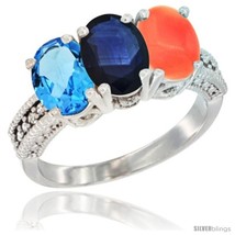 Size 6 - 10K White Gold Natural Swiss Blue Topaz, Blue Sapphire &amp; Coral Ring  - £473.02 GBP