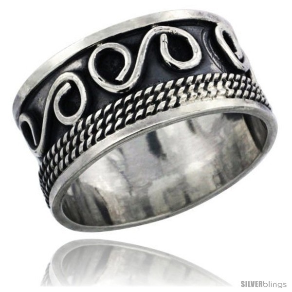 Size 8 - Sterling Silver S-Scroll Wedding Band Ring w/ Rope Design, 1/2 in  - $43.56