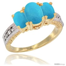 Size 5 - 14k Yellow Gold Ladies Oval Natural Turquoise 3-Stone Ring Diamond  - £596.28 GBP