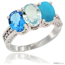 Size 6 - 14K White Gold Natural Swiss Blue Topaz, Aquamarine &amp; Turquoise Ring  - £621.90 GBP