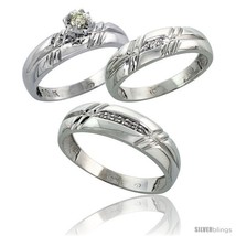 Size 7.5 - Sterling Silver 3-Piece Trio His (6mm) &amp; Hers (5.5mm) Diamond  - £146.88 GBP