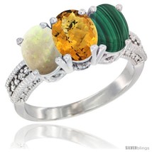 Size 6 - 14K White Gold Natural Opal, Whisky Quartz &amp; Malachite Ring 3-Stone  - £564.53 GBP