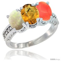 Size 8 - 10K White Gold Natural Opal, Whisky Quartz &amp; Coral Ring 3-Stone Oval  - £426.56 GBP