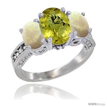 Size 6 - 14K White Gold Ladies 3-Stone Oval Natural Lemon Quartz Ring with Opal  - £638.05 GBP