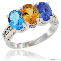 Gold natural swiss blue topaz citrine tanzanite ring 3 stone 7x5 mm oval diamond accent thumb200