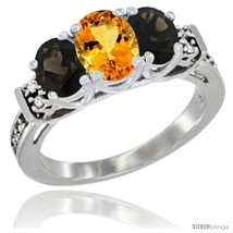 Size 9.5 - 14K White Gold Natural Citrine &amp; Smoky Topaz Ring 3-Stone Oval with  - £576.02 GBP
