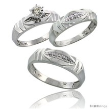 Size 7 - 10k White Gold Diamond Trio Wedding Ring Set His 6mm &amp; Hers 5mm -Style  - £614.57 GBP