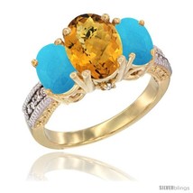 Size 7 - 14K Yellow Gold Ladies 3-Stone Oval Natural Whisky Quartz Ring with  - £681.55 GBP