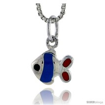 Sterling Silver Child Size Fish Pendant, w/ Blue & Red Enamel Design, 7/16in  (1 - £12.57 GBP