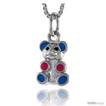 Sterling Silver Child Size Teddy Bear Pendant, w/ Blue & Pink Enamel Design,  - $24.41