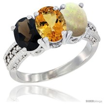 14k white gold natural smoky topaz citrine opal ring 3 stone 7x5 mm oval diamond accent thumb200