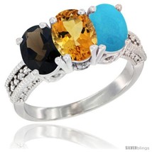 Hite gold natural smoky topaz citrine turquoise ring 3 stone 7x5 mm oval diamond accent thumb200