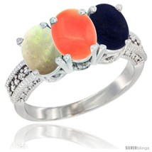 Size 7.5 - 14K White Gold Natural Opal, Coral &amp; Lapis Ring 3-Stone 7x5 mm Oval  - £552.09 GBP