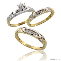 Size 5.5 - 10k Yellow Gold Diamond Trio Wedding Ring Set His 4mm &amp; Hers 3.5mm  - £513.10 GBP