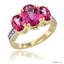 Size 8.5 - 10K Yellow Gold Ladies 3-Stone Oval Natural Pink Topaz Ring Diamond  - £501.66 GBP