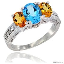 Size 8 - 10K White Gold Ladies Oval Natural Swiss Blue Topaz 3-Stone Ring with  - $541.23