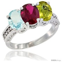 Size 6 - 14K White Gold Natural Aquamarine, Ruby &amp; Lemon Quartz Ring 3-Stone  - £620.37 GBP