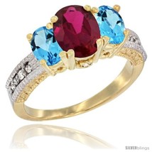 Size 6 - 14k Yellow Gold Ladies Oval Natural Ruby 3-Stone Ring with Swiss Blue  - £567.99 GBP