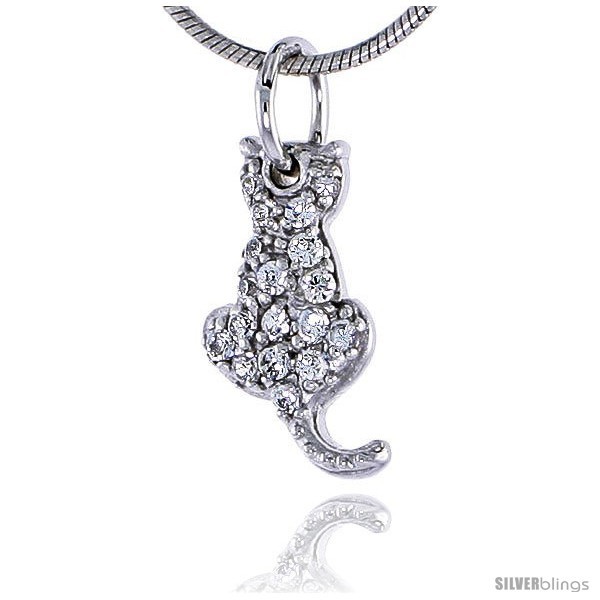Primary image for Sterling Silver Jeweled Sitting Cat Pendant, w/ Cubic Zirconia stones, 9/16in  