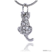 Sterling Silver Jeweled Sitting Cat Pendant, w/ Cubic Zirconia stones, 9/16in   - $20.50