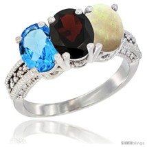 Size 6 - 14K White Gold Natural Swiss Blue Topaz, Garnet &amp; Opal Ring 3-Stone  - £585.35 GBP