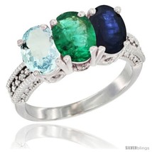 Size 7.5 - 14K White Gold Natural Aquamarine, Emerald &amp; Blue Sapphire Ring  - £691.01 GBP